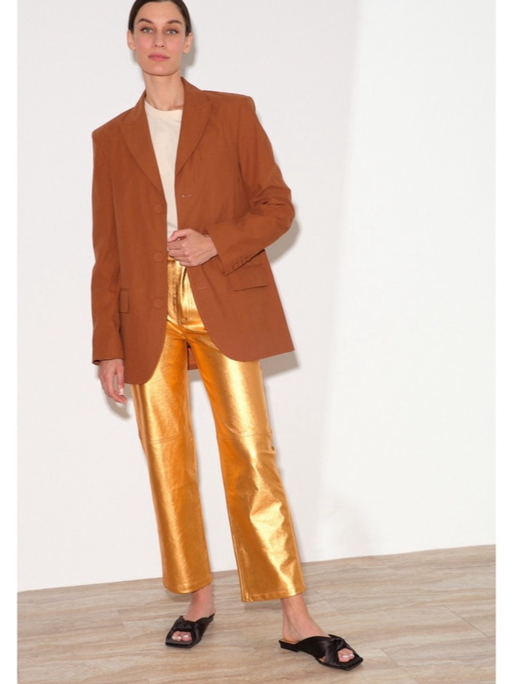 $395 Simon Miller Size 29 Metallic Vegan Leather Trouser Jean Cyber Orange Crop
